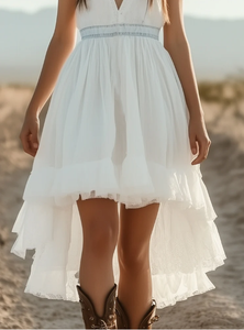 Personalizar Romántico Estilo Occidental Corto Frente y Largo Volver Impreso Gasa Midi Blanco Vestido de Verano - Product Image 4