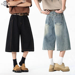 Pantalones Cortos de Mezclilla Vintage para <span class=keywords><strong>Hombre</strong></span>, Lavados, Holgados, de Pierna Ancha, Casuales, de Siete Puntos, Rectos, con Opción de Impresión de Logotipo Personalizado - Product Image 2