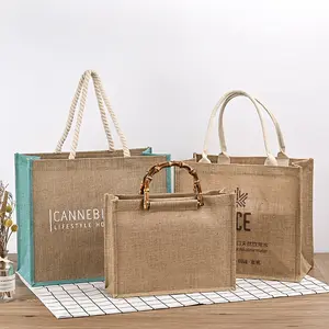 Handmade Shoulder Handle Handled Embroidery 100% Burlap Beach, Shopping Gift jute tote bag with canvas pocket Handles Zipper/
