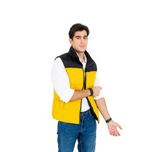 Men's <b>Yellow</b> Black Color Blocked <b>Puffer</b> Vest Stand Collar Zipper Closure Casual Autumn Outerwear Windproof Sleeveless <b>Jacket</b> - Product Image 1