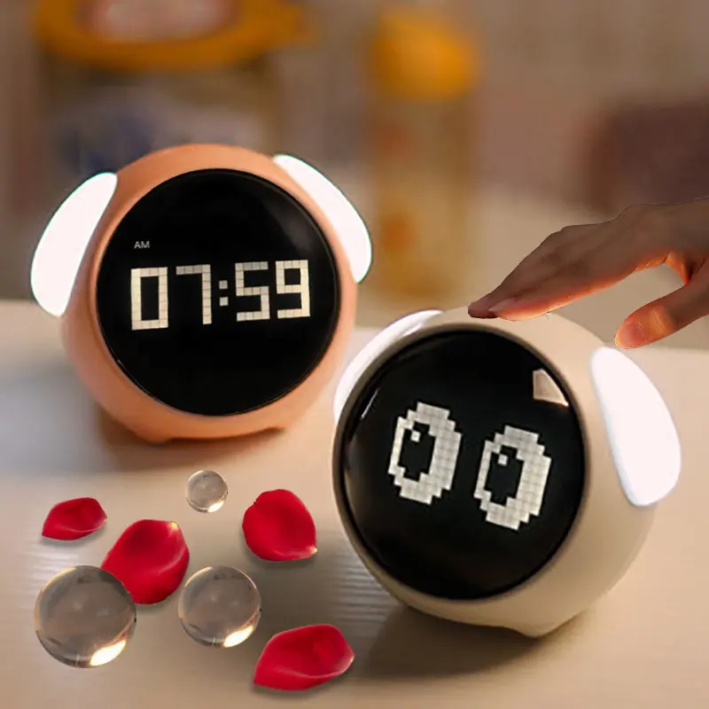 HBK 선물 다기능 미니 스마트 led 감정 알람 시계 충전 디지털 디스플레이 아이들을위한 귀여운 만화 알람 시계