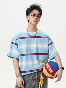 T-Shirt a Righe Stile Americano da Uomo, Manica Corta Oversize, Mezza Manica - Product Image 5