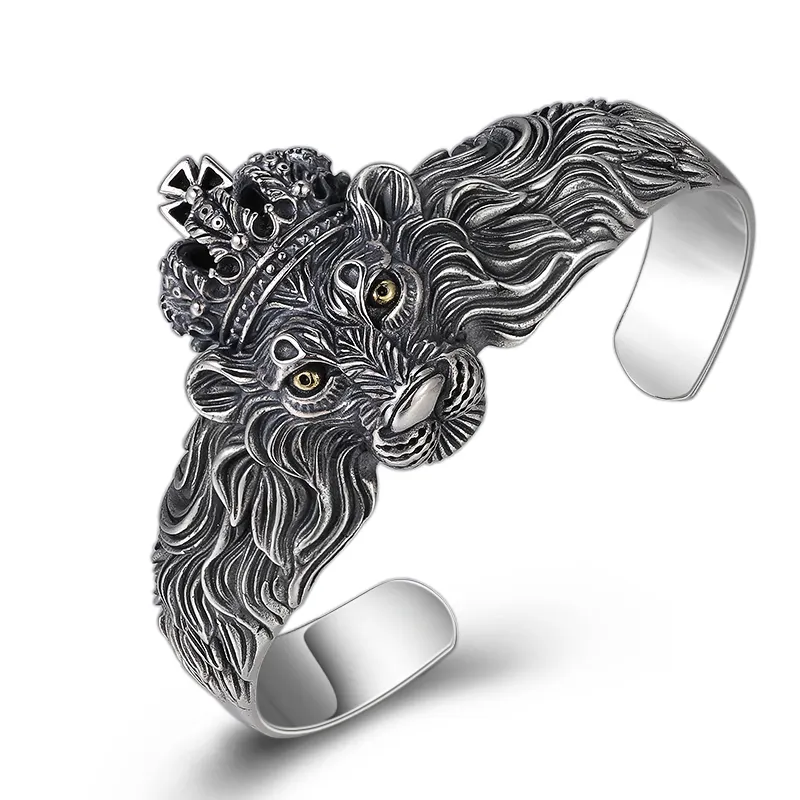 S925 Silver Vintage Thai Silver Men's Crown Lion Open Bracelet Fashion Jewelry