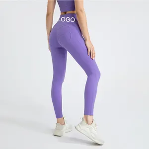Модные персиковые штаны для йоги с логотипом на заказ, фиолетовые спортивные обтягивающие леггинсы с высокой талией для фитнеса и контроля живота