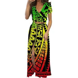 Toptan sıcak satış polinezya Tribal Reggae renkler Polyester elbiseler kadınlar için yeni tasarımcı özel yaz V boyun uzun elbise