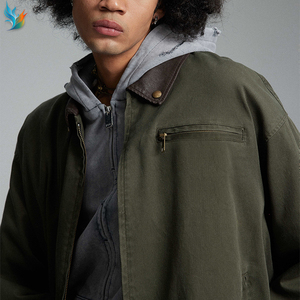 Abrigo de Trabajo para <span class=keywords><strong>Hombre</strong></span> Detroit de Lona Lavada Premium, Color Verde Oliva, Estilo Oversize, con Cuello de Cuero - Product Image 6