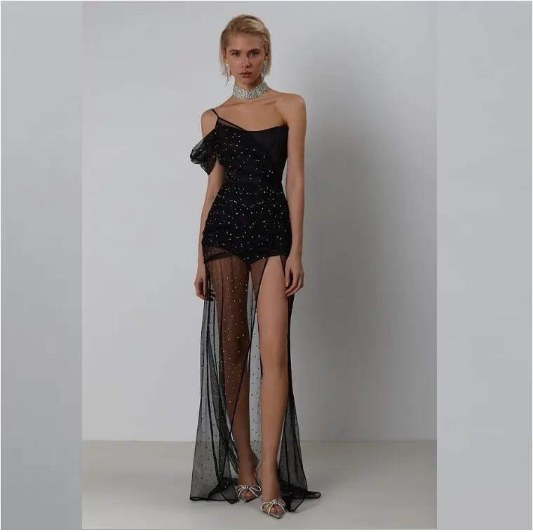 Robe asymétrique en maille avec strass pour femmes, transparente et sexy, robes de soirée élégantes pour femmes