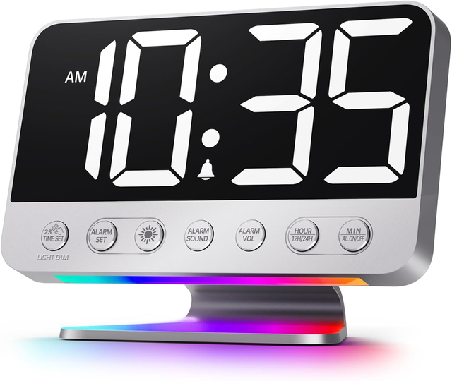 Digital Alarm Clocks for Bedrooms: Large Bold Number 5 Brightness Dimmer - Easy to Read - 5 Alarm Sound 8 Night Light - Silver