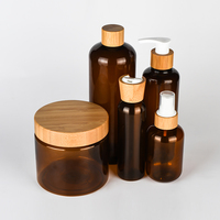 Botol Pompa Bambu Seri Bamboo dengan Botol Plastik PET Amber 100ml 250ml 300ml 500ml untuk Kemasan Sampo dan Lotion