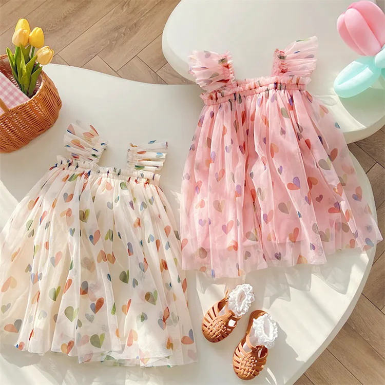 2023 Kid Girls Summer Princess Dress children Fly Sleeve Love Heart Printed Lace Soft Dress