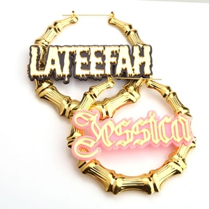 INS مخصص اسم الفولاذ المقاوم للصدأ xoxo عناق قبلة هوب مقرعة الباب كبيرة أقراط حلقية كبيرة الروطان الذهب مطلي الخيزران أقراط - Product Image 5