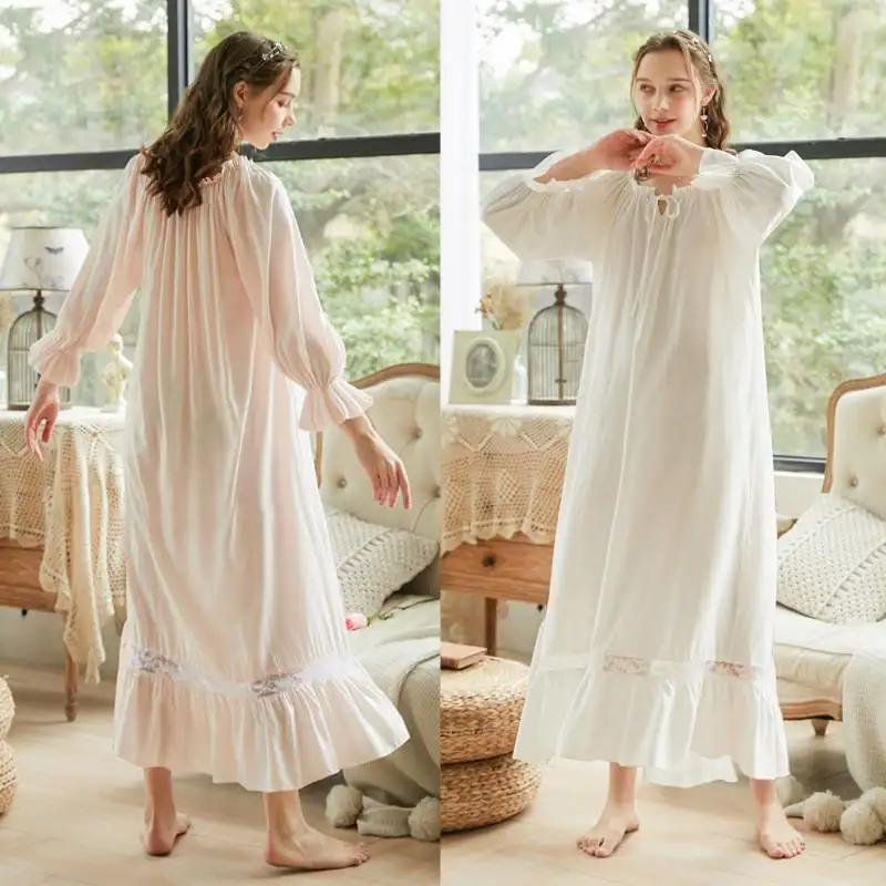 Retro Cotton Night Gown Women Pajamas Dress Ladies Long Sleeve Sleepwear Robe Girl Night Dress Cute Sweet Elegant Sleep Dress