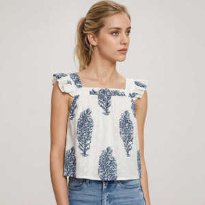 Top de Mujer con Estampado Elegante, Tejido, con Volantes, Cuello Cuadrado, Sin Mangas, Informal, para Uso Diario, Ligero, Transpirable, 100% Algodón, para Primavera/Verano - Product Image 1