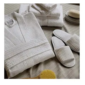 Waffle Cotton Bathrobe Manufacturer Peignoir De Bain Avec Pantoufl Custom Bathrobe and Slippers Set Robes 100% Cotton Plain Dyed