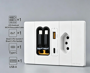 Tomacorriente de Pared de Aluminio YuHe Group con 1 Enchufe Brasileño, 1 USB-C, 1 USB-A, Cable Retráctil de 80CM, Diseño Minimalista - Product Image 3