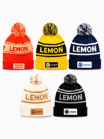 Bonnet tricoté rétro à pompon contrastant, multicolore, rayé, avec logo LEMON, polyvalent, chaud, pour l'hiver, idéal pour un style urbain aux tons vifs