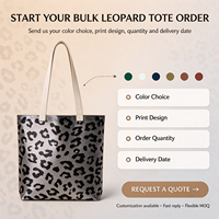 Sac fourre-tout en toile noir à imprimé léopard avec paillettes argentées, personnalisable, grande capacité, réutilisable, à bandoulière, idéal pour cadeau, vente en gros