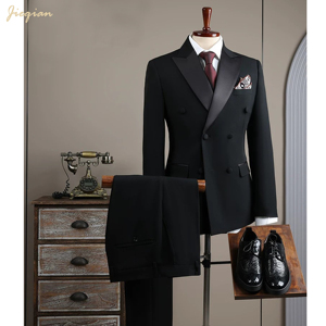 Abito da <span class=keywords><strong>Uomo</strong></span> di Lusso Nero a 3 Pezzi - Smoking Slim Fit in Misto Lana con Gilet per Matrimoni e Gala, Personalizzazione a Partire da 1 Set (MOQ Basso) - Product Image 1