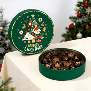 Boîte cadeau ronde de Noël en chocolat avec design festif et insert, conteneur rigide en carton vert pour friandises de fêtes - Product Image 3