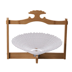 Bandeja giratoria redonda de bambú y vidrio para frutas con diseño tallado, tipo soporte, para uso doméstico, bandeja de almacenamiento. - Product Image 1