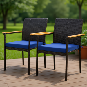 Silla de Jardín de Ratán para Exteriores con Cojín Azul, Diseño Contemporáneo para Conjunto de Comedor de Patio - Product Image 2