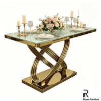 Table de banquet rectangulaire de luxe en acier inoxydable doré avec plateau en verre trempé torsadé pour hôtel et événements