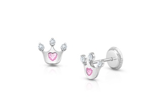 Nuovi <span class=keywords><strong>Orecchini</strong></span> a Perno per Bambini in <span class=keywords><strong>Argento</strong></span> Sterling 925 Placcato Oro con Corona in Zirconi <span class=keywords><strong>Rosa</strong></span> e Bianchi - Product Image 2
