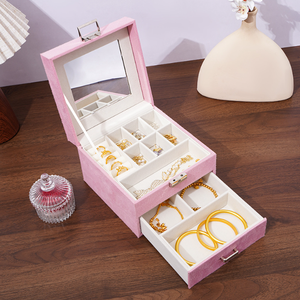 Luxury Suede Double-layer Jewelry Storage <b>Box</b> <b>with</b> <b>Mirror</b> for Earrings Pendant Ring Necklace Bracelet Engagement Wedding Gift - Product Image 6