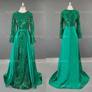 Haute qualité élégant a-ligne paillettes formelle robe de soirée avec Long Train détachable manches longues arabe bal femmes robe