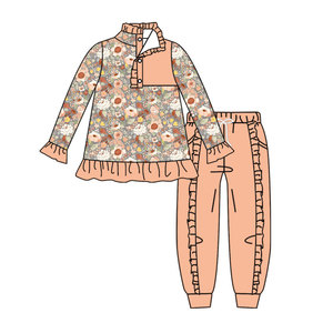 Conjunto de 2 Piezas de Ropa para Niñas, Camiseta Informal Personalizada con Estampado Floral de Algodón de Manga Larga y Pantalones Jogger con Volantes - Product Image 3