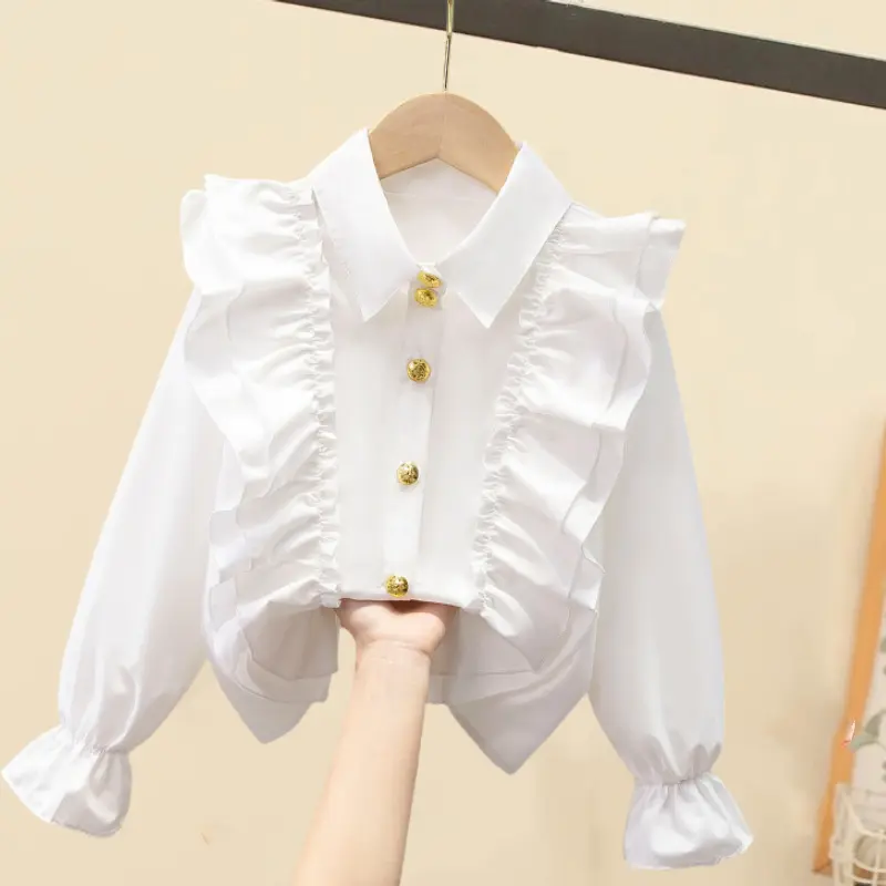 Schuluniform Dressure Shirt Bluse für Mädchen weißer Knopf-Down-Hemden Baumwolloberteile formelles Rüschen Frühjahr Sommer