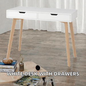 Bureau d'ordinateur blanc avec 2 tiroirs, bureau d'écriture en bois pour la maison, table console avec pieds en chêne - Product Image 2