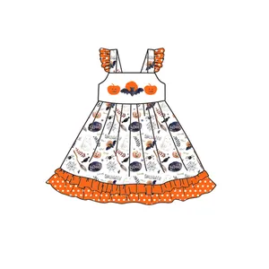 Happy Luoka Custom ized Boutique Orange Print Lässiges Baby kleid Ärmellose Kinder Brautkleider