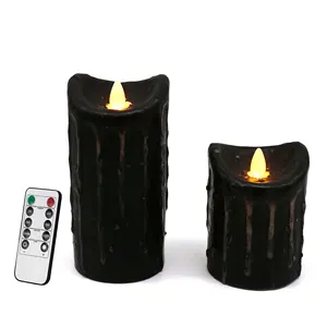 Velas de Pilar negro LED con pilas sumergidas a mano de cera real con control remoto, decoración de Halloween primitiva