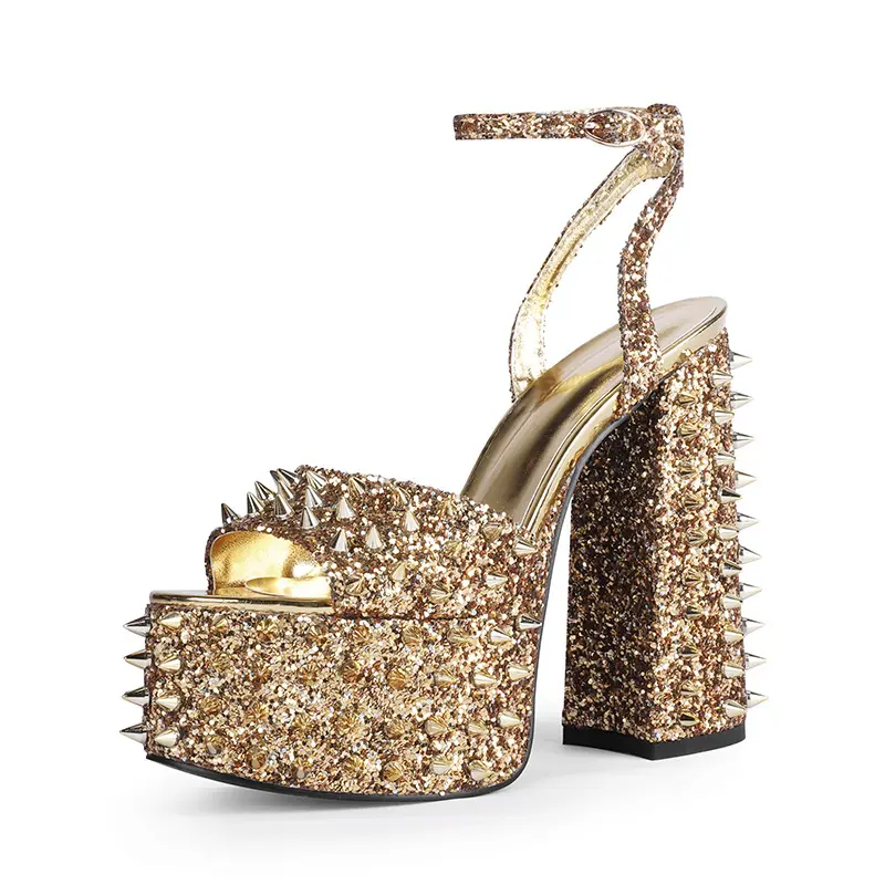 Women Gothic Thick Sole Sandals Round Toe Gold Glitter High Platform Women Chunky Sandals With 15.5cm Heel