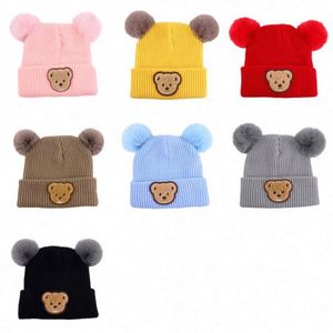 Gorro de Invierno Personalizado al por Mayor con Doble Pompón, para Bebés de 0 a 5 Años, Unisex, Cálido, de Punto, con Forro Polar, Estilo Slouchy, con Diseño de Oso - Product Image 2