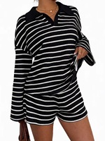 Ensemble deux pièces décontracté pour femme, tricot côtelé rayé, épaules tombantes, tenue d'automne très tendance