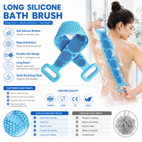 Brosse de bain en silicone longue, réutilisable, facile à nettoyer, douce pour la peau, avec logo personnalisé, OEM ODM, brosse de douche pour le corps avec emballage à marque privée