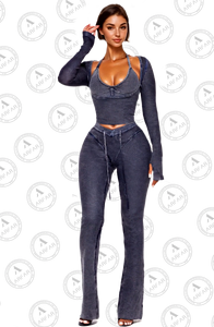 Set all'ingrosso da <span class=keywords><strong>donna</strong></span> con lavaggio acido giacca a maniche lunghe <span class=keywords><strong>pantaloni</strong></span> sportivi elasticizzati giacca a maniche lunghe abiti Casual due pezzi da <span class=keywords><strong>donna</strong></span> - Product Image 2