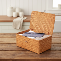 Panier de rangement en osier avec couvercle, panier en herbe de mer tissé à la main, bacs de rangement rectangulaires, boîtes de rangement pour la maison, organisateur de garde-robe