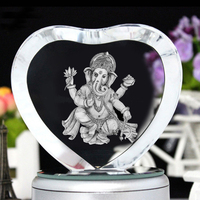 Statues de Ganesh en gravure laser 3D, base en verre cristal en forme de cœur avec lumière LED pour cadeaux religieux