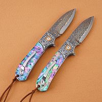 Couteau pliant de poche en acier de Damas, manche en laiton, coquille d'ormeau, pour le camping en plein air, cadeau pour collectionneur