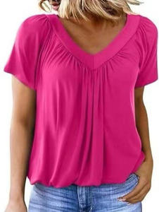 Camiseta informal lavada transpirable de verano para mujer con cuello en V profundo mangas cortas sueltas de secado rápido - Product Image 2