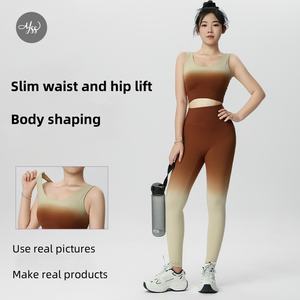 กางเกงโยคะเอวสูงไล่เฉดสี ผ้าไนลอนเนื้อนุ่ม สวมใส่สบาย เหมาะสำหรับพักผ่อน พร้อมโลโก้สั่งทำ ชุดเลกกิ้งโยคะผู้หญิง 2 ชิ้น สวมใส่สบาย - Product Image 1