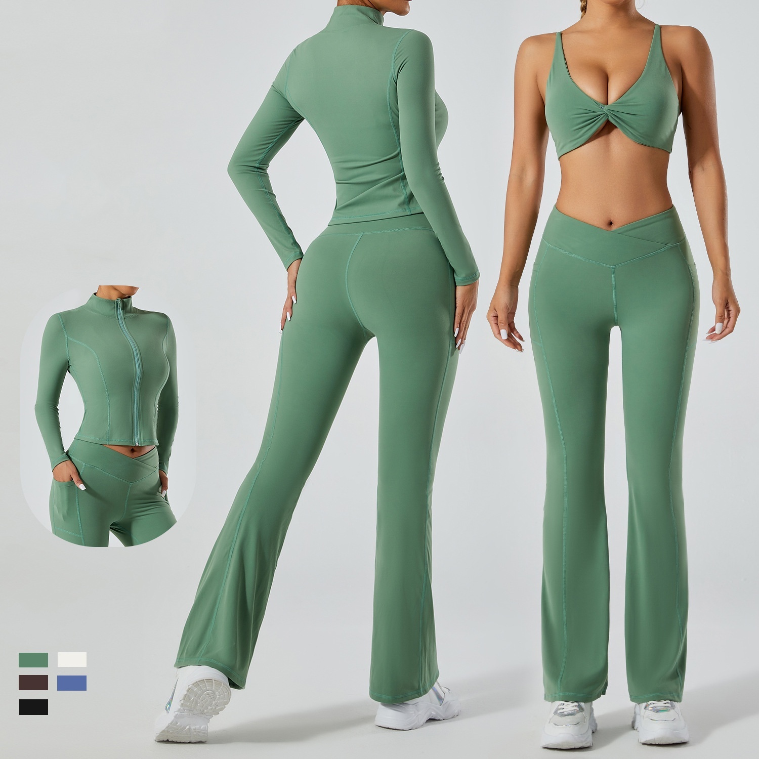 Aoyema Women Sports Wear Beautiful Back New Hollow Bra Fitness Solid V Cut High Waist Flared Wide Leg Pants 7 Piece Yoga Sets