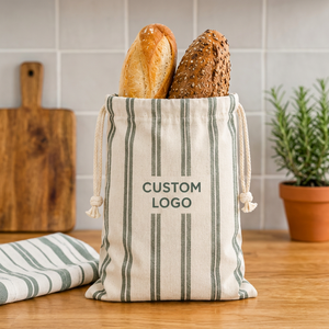 Bolsa reutilizable de algodón con cordón, verde a rayas, bolsa de almacenamiento con asa de cuerda, bolsa de pan de algodón para compras. - Product Image 6