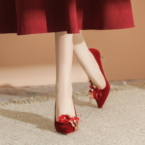 <b>Red</b> Velvet Stiletto <b>Heels</b> With Flower Embellishment For Wedding Bridal Shoes Pointed Toe High <b>Heel</b> <b>Women</b> Elegant Style 8777H-147 - Product Image 4