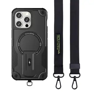 Armor TPU PC Camera Screen Guard Cover Magnet Design Shell For iphone 15 14 13 12 Pro Max Plus Shoulder Straps Magnetic Case