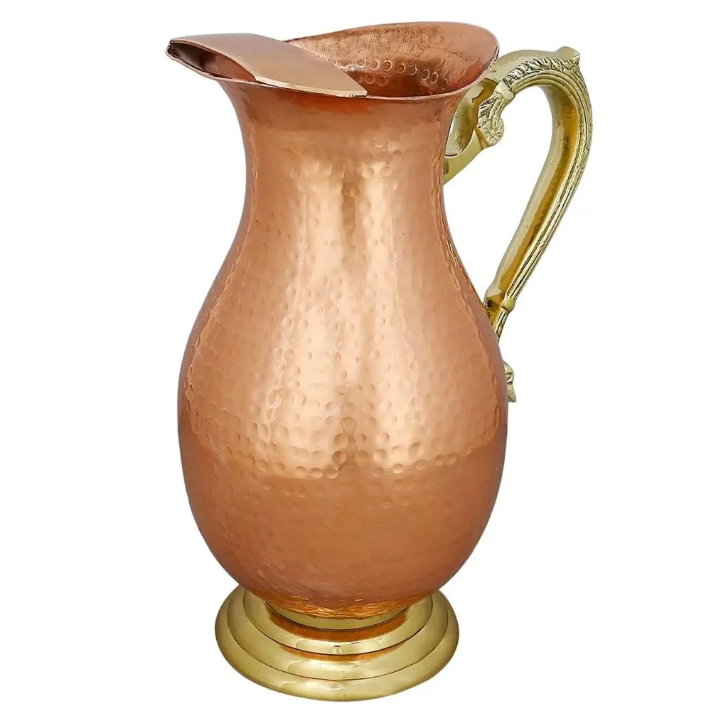 Classical Copper Water Pitcher With Brass Handle And Decorative Hammered Designed Large Capacity Metallic Pitcher