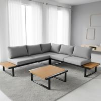 Ensemble de canapé d'extérieur en aluminium élégant en forme de L, coussins gris avec ottomanes en bois plastique et table basse, jardin moderne